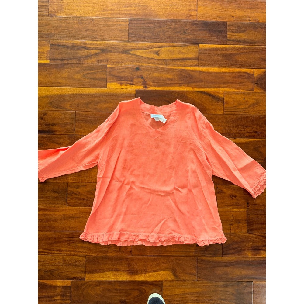 Snappy Turtle Coral Orange 100% Linen Ruffle Hem V-Neck Top Made in USA Size M